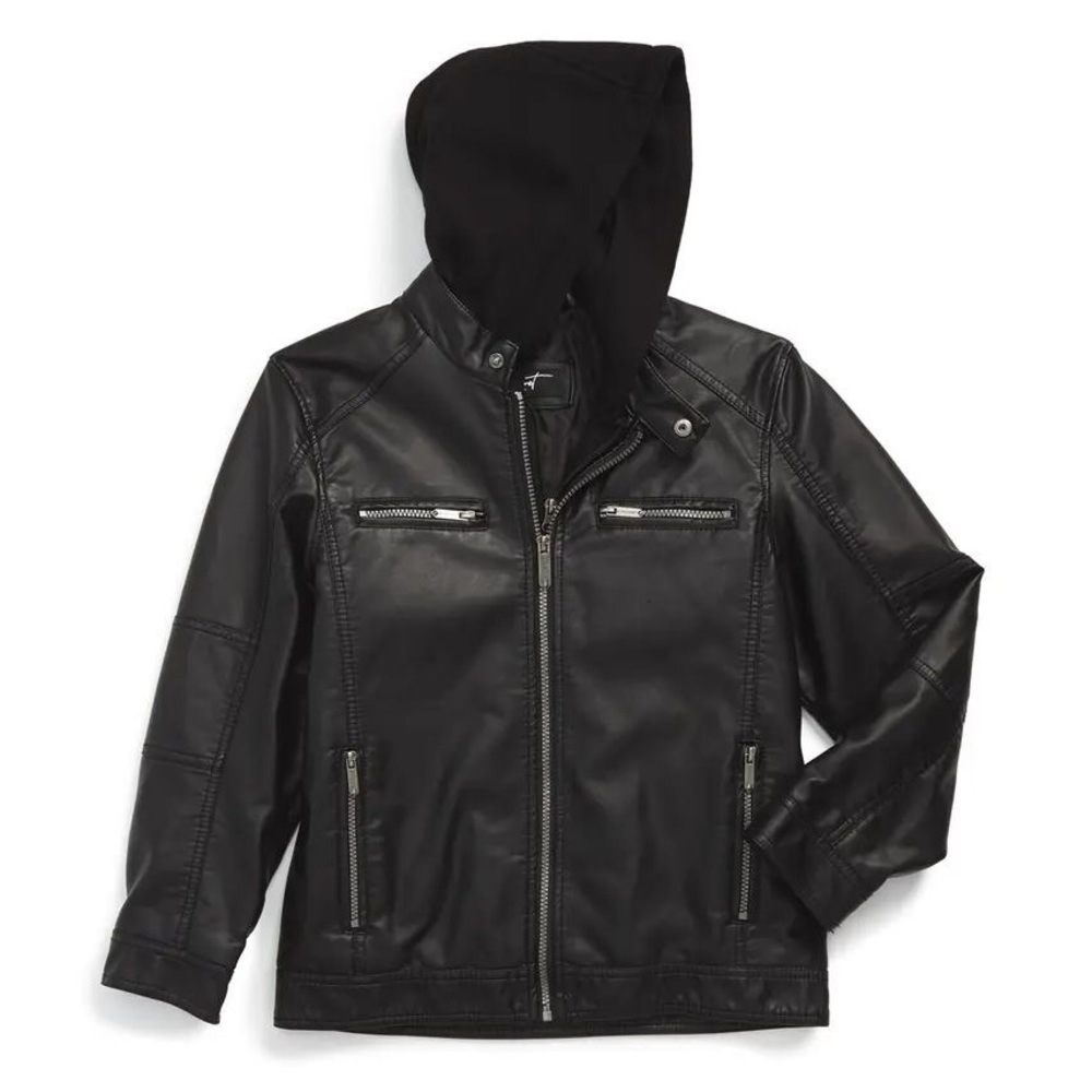Boys Black Rivet Vegan Leather Hooded Biker Jacket